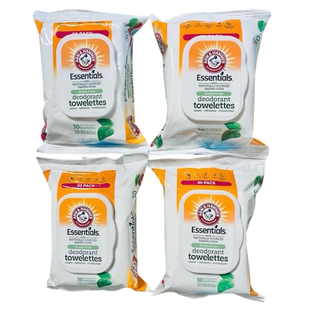 Arm&Hammer Essentials Deodorant Towelettes/Wipes Clean Simply Fresh 4 Pks 30 Ea.